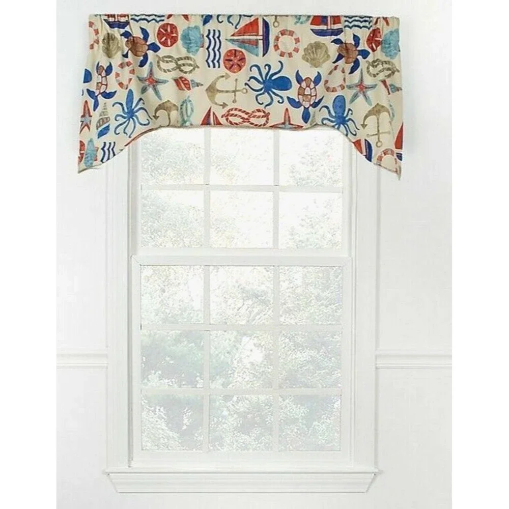 Sea Point Arched Tailored Valance Rope Cord Trim Nautical Print Summer Beach